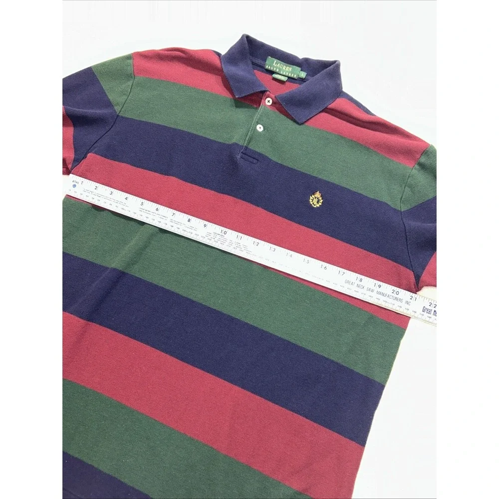 Men's Large Vintage Lauren Ralph Lauren Burgundy Green‎ Navy Stripe Polo Shirt